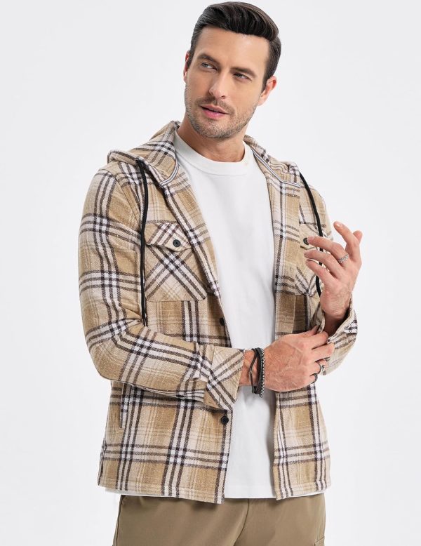 JMIERR Mens Cotton Flannel Shirts Casual Button Down Hoodie Plaid Shirt Long Sleeve Lightweight Jackets with Pockets - Image 5