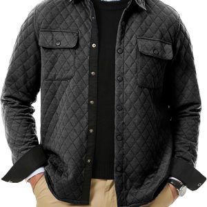 JMIERR Mens Quilted Shirt Jackets Casual Long Sleeve Snap Button Down Shirts with Pockets