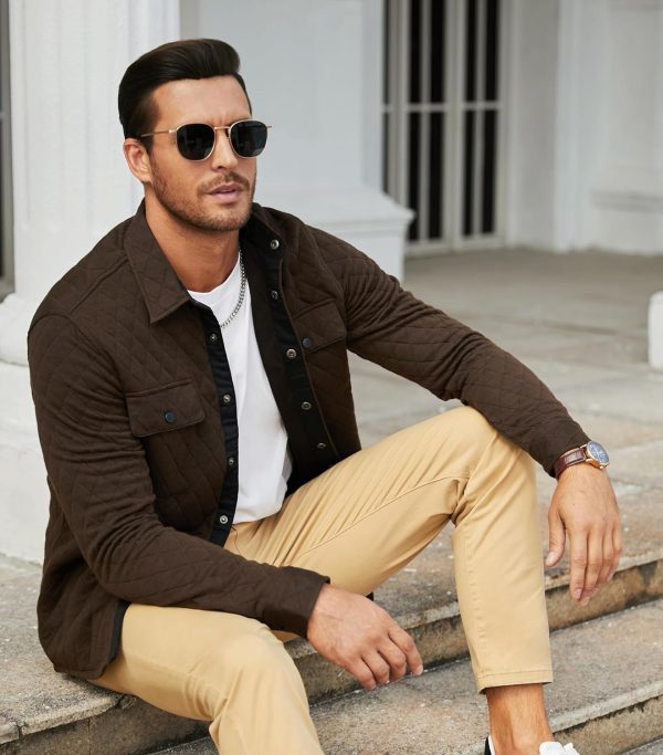 JMIERR Mens Quilted Shirt Jackets Casual Long Sleeve Snap Button Down Shirts with Pockets - Image 15