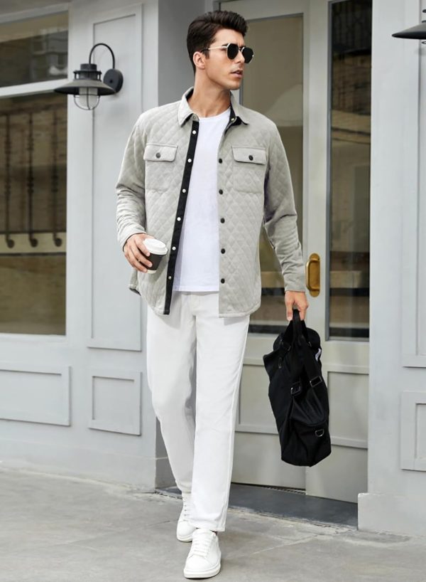 JMIERR Mens Quilted Shirt Jackets Casual Long Sleeve Snap Button Down Shirts with Pockets - Image 29