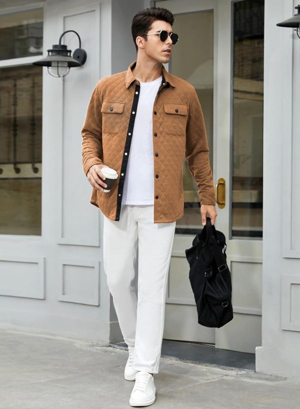 JMIERR Mens Quilted Shirt Jackets Casual Long Sleeve Snap Button Down Shirts with Pockets - Image 59