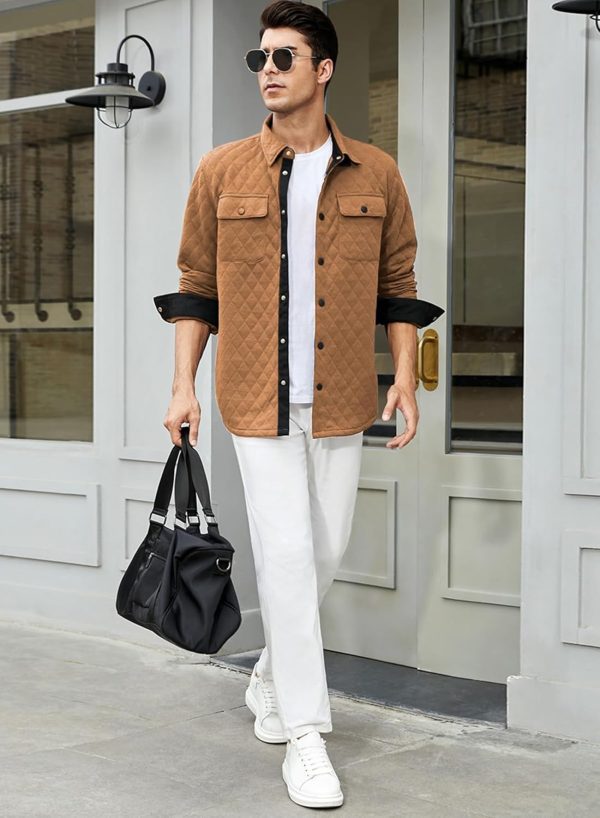 JMIERR Mens Quilted Shirt Jackets Casual Long Sleeve Snap Button Down Shirts with Pockets - Image 60