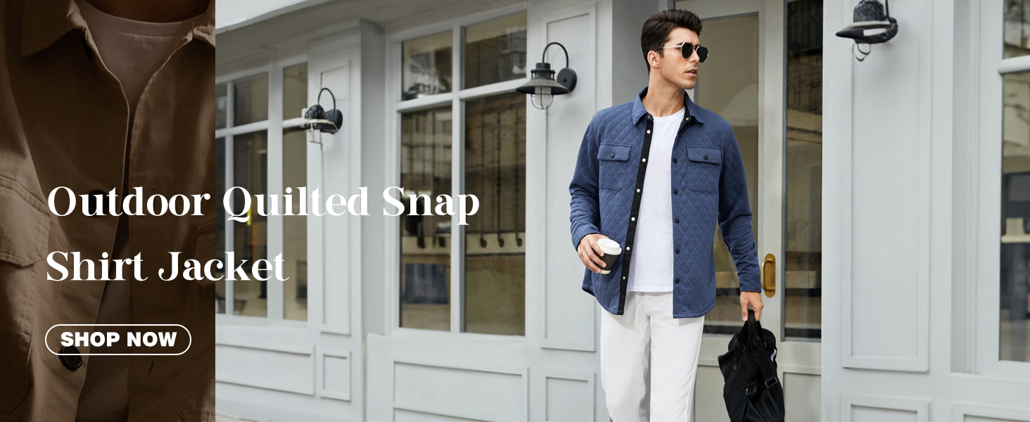  Mens Quilted Shirt Jacket Casual Long Sleeve Snap Button Down Shirts
