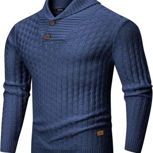 JMIERR Mens Knit Sweater Casual Shawl Collar Pullover Sweater Slim Fit Solid Color Fall Fashion Button Textured Sweaters