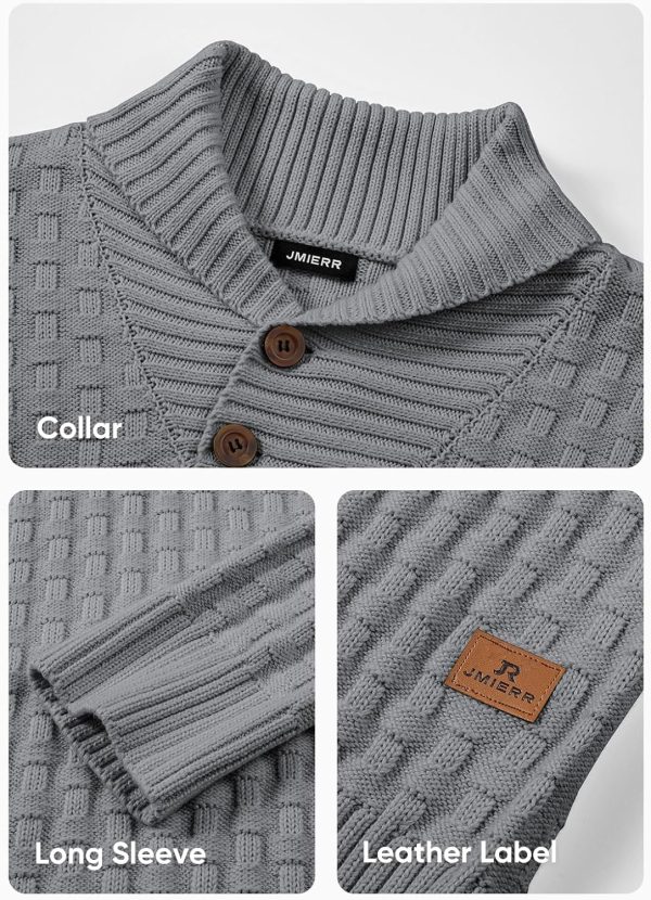 JMIERR Mens Knit Sweater Casual Shawl Collar Pullover Sweater Slim Fit Solid Color Fall Fashion Button Textured Sweaters - Image 16