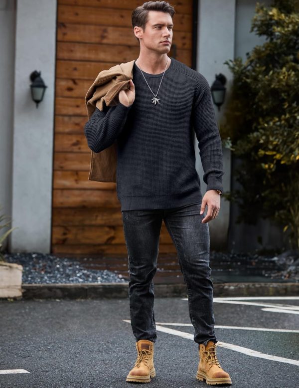 JMIERR Men's Crewneck Pullover Sweater Waffle Textured Knitted Sweaters Casual Loose Fit Sweaters with Ribbing Edge - Image 37