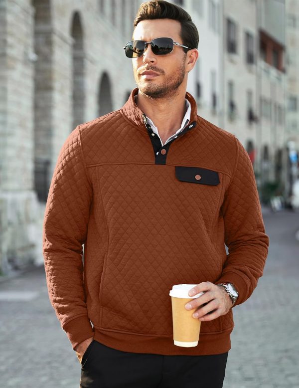 JMIERR Men's Quilted Sweatshirt Casual Long Sleeve Outdoor Stand Collar Button Pullover Sweatshirts - Image 2