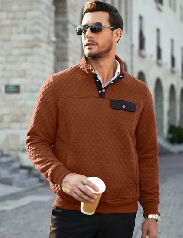 JMIERR Men's Quilted Sweatshirt Casual Long Sleeve Outdoor Stand Collar Button Pullover Sweatshirts - Image 3