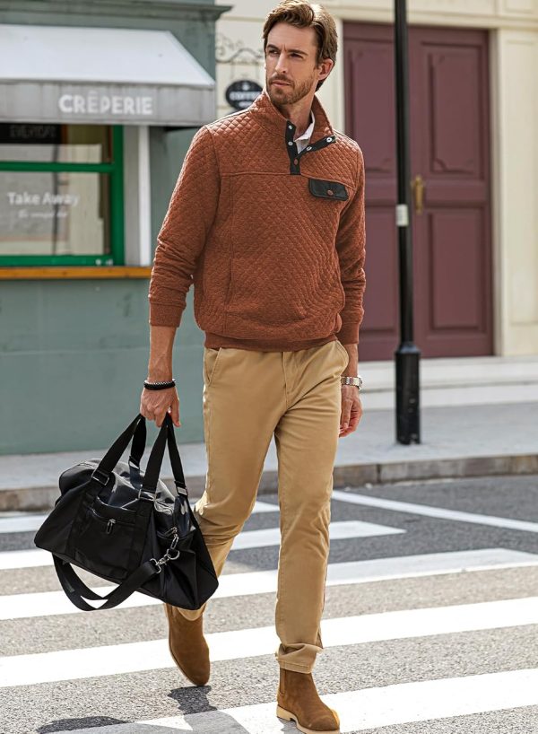 JMIERR Men's Quilted Sweatshirt Casual Long Sleeve Outdoor Stand Collar Button Pullover Sweatshirts - Image 4