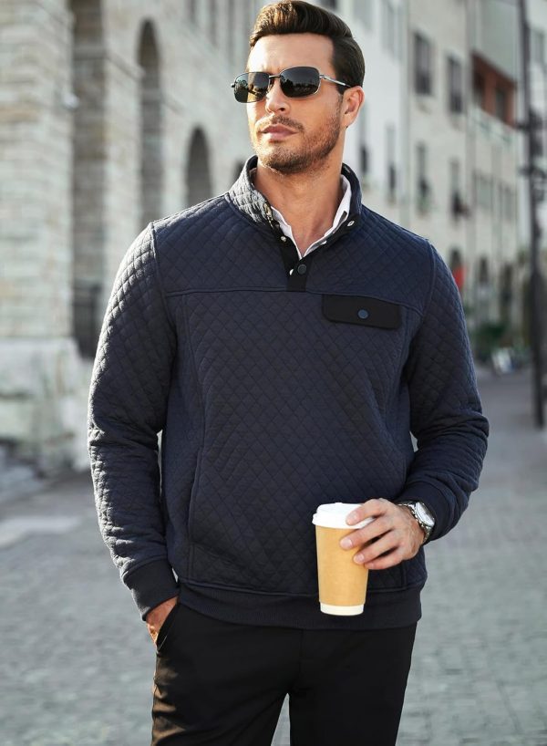 JMIERR Men's Quilted Sweatshirt Casual Long Sleeve Outdoor Stand Collar Button Pullover Sweatshirts - Image 10