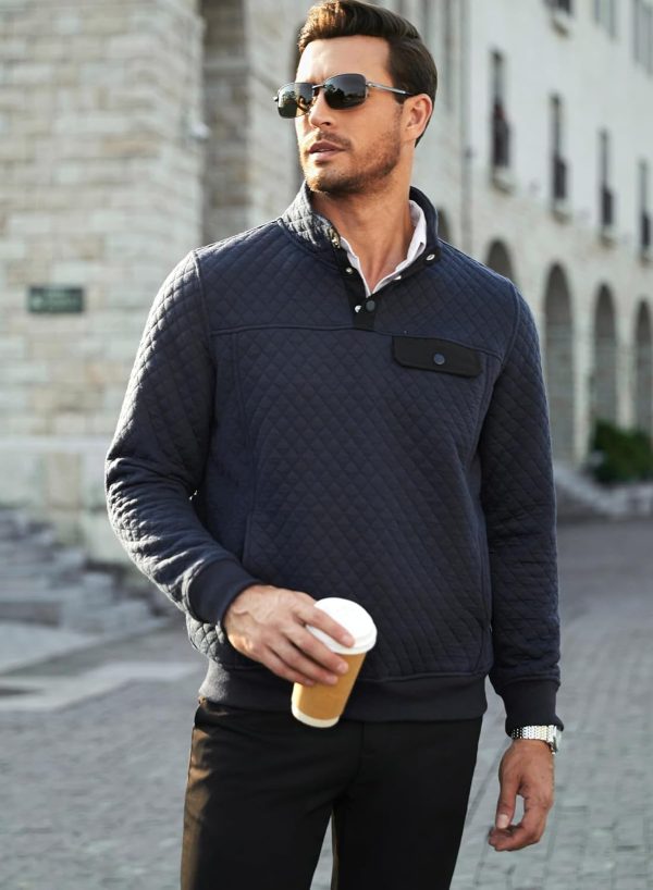 JMIERR Men's Quilted Sweatshirt Casual Long Sleeve Outdoor Stand Collar Button Pullover Sweatshirts - Image 11