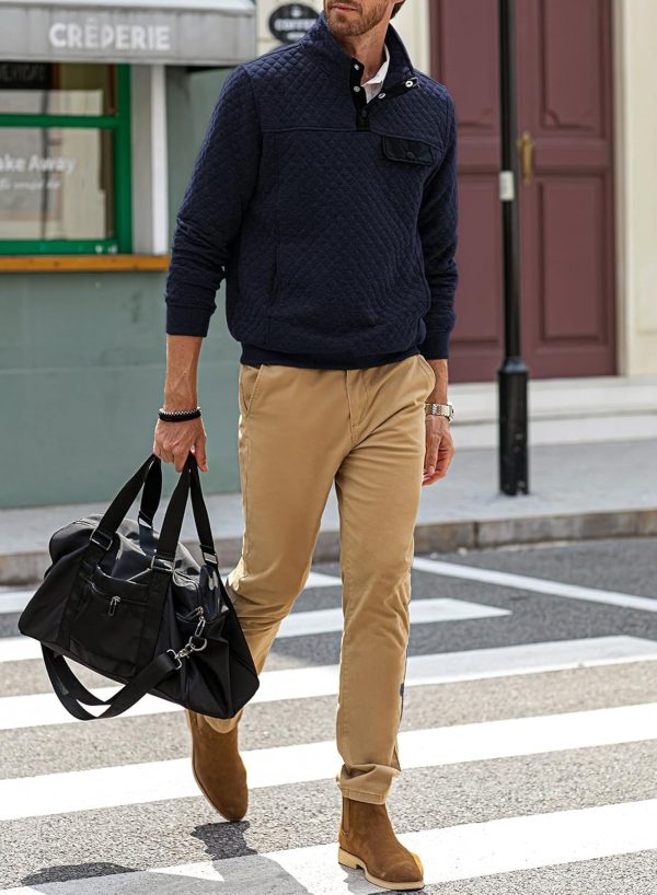 JMIERR Men's Quilted Sweatshirt Casual Long Sleeve Outdoor Stand Collar Button Pullover Sweatshirts - Image 12