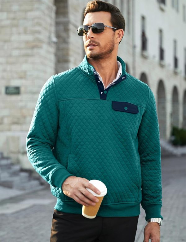 JMIERR Men's Quilted Sweatshirt Casual Long Sleeve Outdoor Stand Collar Button Pullover Sweatshirts - Image 18