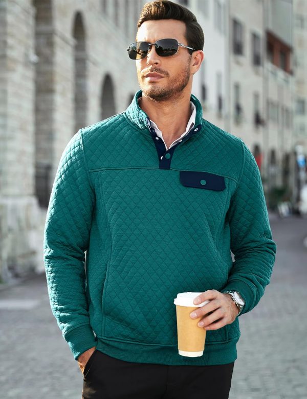 JMIERR Men's Quilted Sweatshirt Casual Long Sleeve Outdoor Stand Collar Button Pullover Sweatshirts - Image 19
