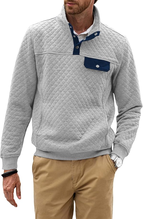 JMIERR Men's Quilted Sweatshirt Casual Long Sleeve Outdoor Stand Collar Button Pullover Sweatshirts - Image 25