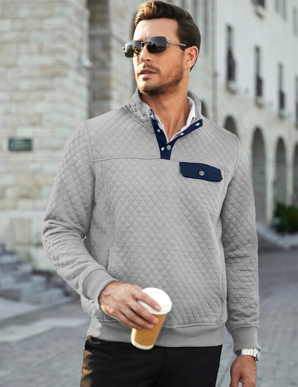 JMIERR Men's Quilted Sweatshirt Casual Long Sleeve Outdoor Stand Collar Button Pullover Sweatshirts - Image 26