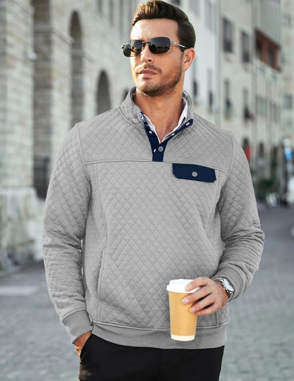 JMIERR Men's Quilted Sweatshirt Casual Long Sleeve Outdoor Stand Collar Button Pullover Sweatshirts - Image 27