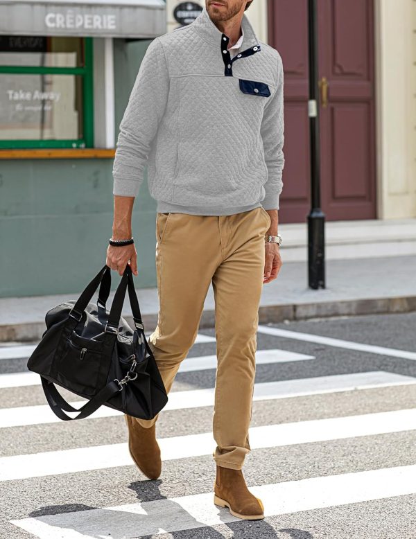 JMIERR Men's Quilted Sweatshirt Casual Long Sleeve Outdoor Stand Collar Button Pullover Sweatshirts - Image 28