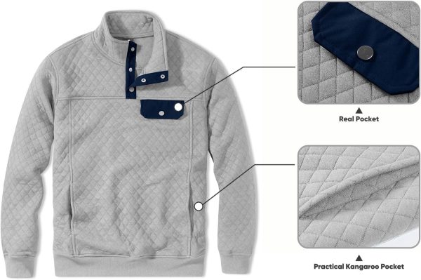 JMIERR Men's Quilted Sweatshirt Casual Long Sleeve Outdoor Stand Collar Button Pullover Sweatshirts - Image 29