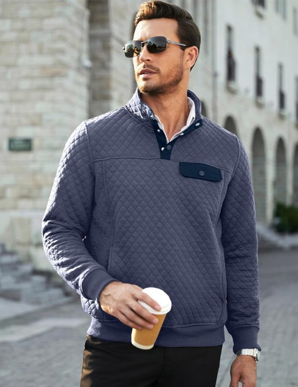 JMIERR Men's Quilted Sweatshirt Casual Long Sleeve Outdoor Stand Collar Button Pullover Sweatshirts - Image 42