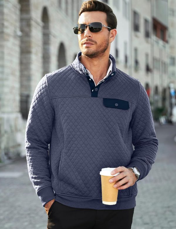 JMIERR Men's Quilted Sweatshirt Casual Long Sleeve Outdoor Stand Collar Button Pullover Sweatshirts - Image 43