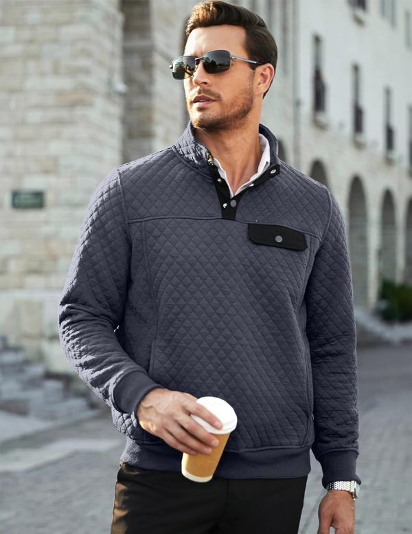 JMIERR Men's Quilted Sweatshirt Casual Long Sleeve Outdoor Stand Collar Button Pullover Sweatshirts - Image 50