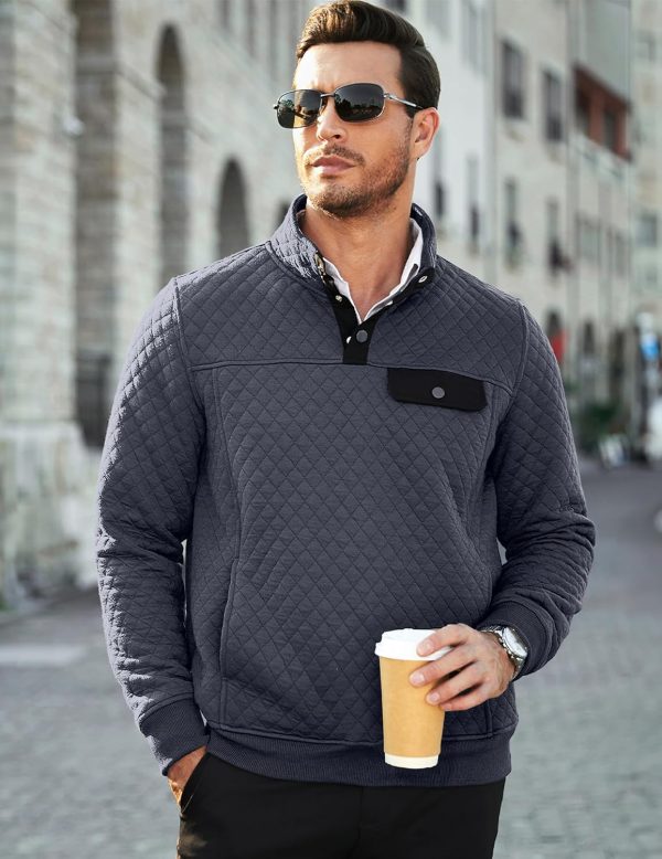 JMIERR Men's Quilted Sweatshirt Casual Long Sleeve Outdoor Stand Collar Button Pullover Sweatshirts - Image 51