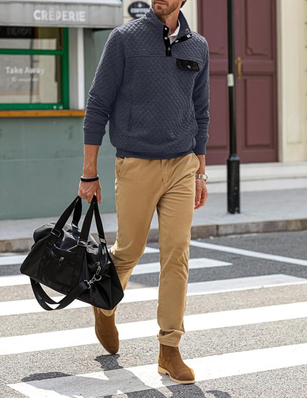 JMIERR Men's Quilted Sweatshirt Casual Long Sleeve Outdoor Stand Collar Button Pullover Sweatshirts - Image 52