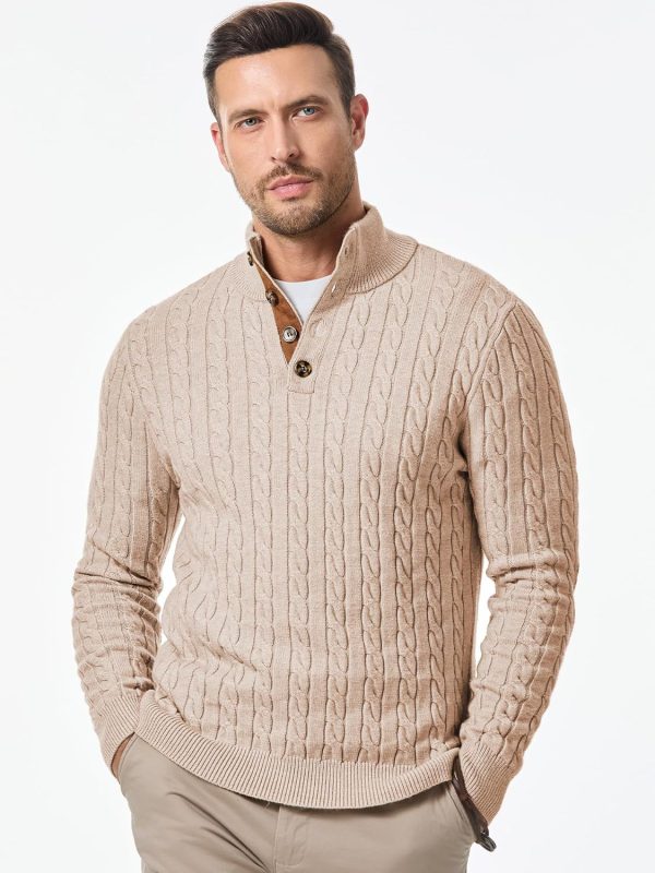 JMIERR Men's Cable Knit Pullover Sweater Casual Long Sleeve Stand Collar Button Knitted Sweaters - Image 3