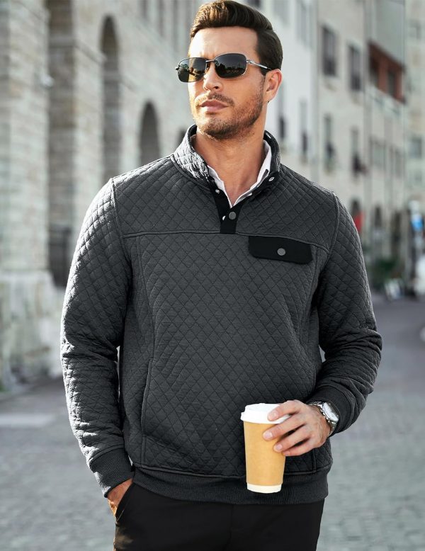 JMIERR Men's Quilted Sweatshirt Casual Long Sleeve Outdoor Stand Collar Button Pullover Sweatshirts - Image 58