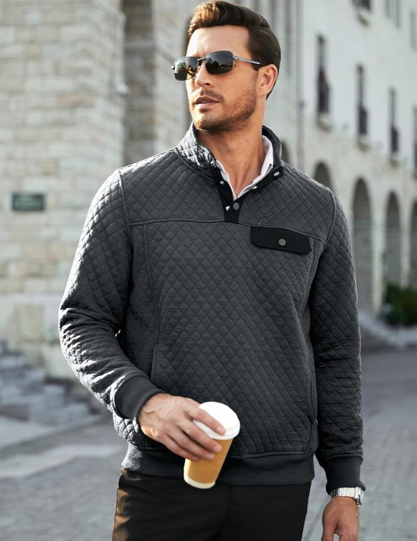 JMIERR Men's Quilted Sweatshirt Casual Long Sleeve Outdoor Stand Collar Button Pullover Sweatshirts - Image 59