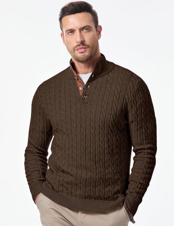 JMIERR Men's Cable Knit Pullover Sweater Casual Long Sleeve Stand Collar Button Knitted Sweaters - Image 12