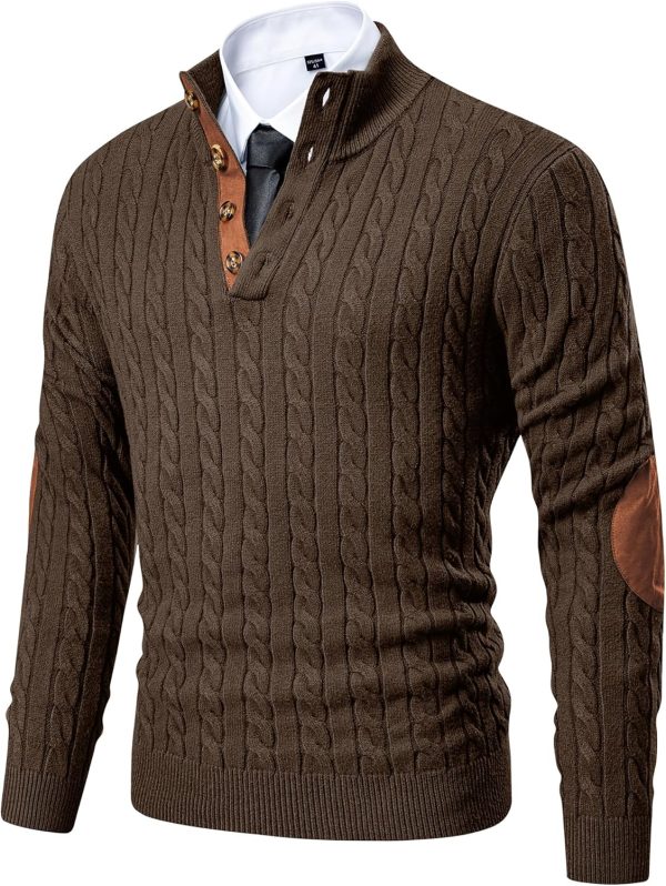 JMIERR Men's Cable Knit Pullover Sweater Casual Long Sleeve Stand Collar Button Knitted Sweaters - Image 14