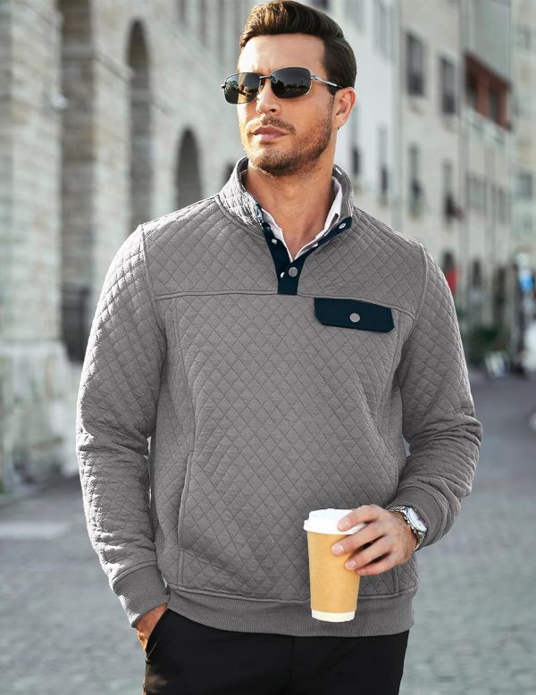 JMIERR Men's Quilted Sweatshirt Casual Long Sleeve Outdoor Stand Collar Button Pullover Sweatshirts - Image 66