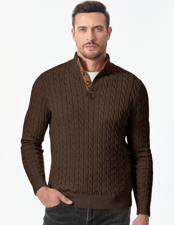 JMIERR Men's Cable Knit Pullover Sweater Casual Long Sleeve Stand Collar Button Knitted Sweaters - Image 16