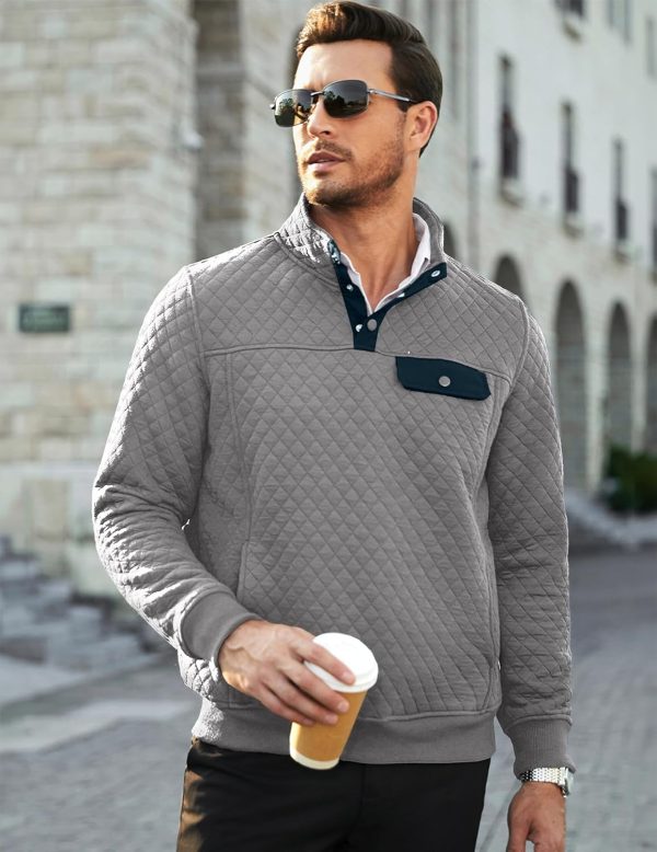 JMIERR Men's Quilted Sweatshirt Casual Long Sleeve Outdoor Stand Collar Button Pullover Sweatshirts - Image 67