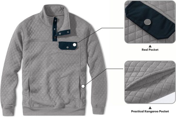 JMIERR Men's Quilted Sweatshirt Casual Long Sleeve Outdoor Stand Collar Button Pullover Sweatshirts - Image 69