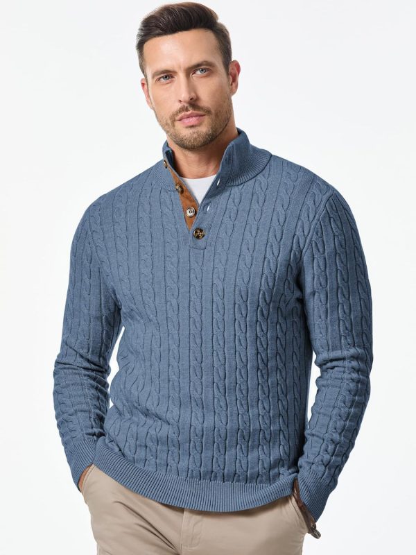 JMIERR Men's Cable Knit Pullover Sweater Casual Long Sleeve Stand Collar Button Knitted Sweaters - Image 19