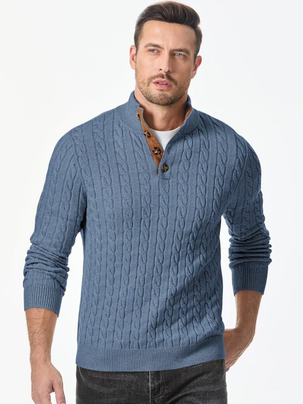 JMIERR Men's Cable Knit Pullover Sweater Casual Long Sleeve Stand Collar Button Knitted Sweaters - Image 20