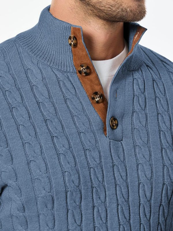 JMIERR Men's Cable Knit Pullover Sweater Casual Long Sleeve Stand Collar Button Knitted Sweaters - Image 21
