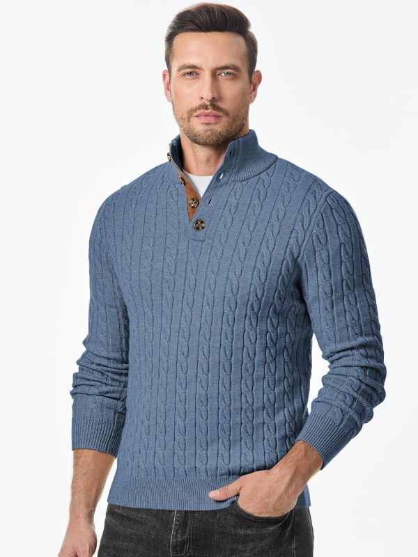 JMIERR Men's Cable Knit Pullover Sweater Casual Long Sleeve Stand Collar Button Knitted Sweaters - Image 22