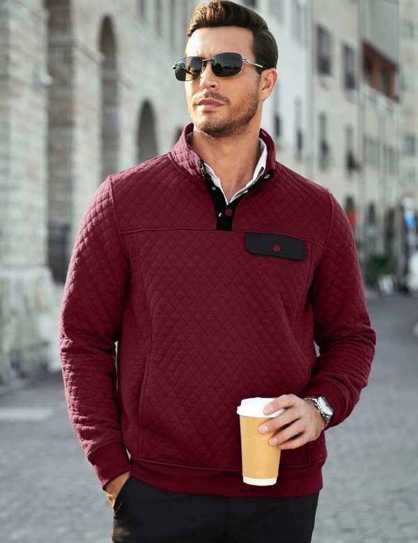 JMIERR Men's Quilted Sweatshirt Casual Long Sleeve Outdoor Stand Collar Button Pullover Sweatshirts - Image 74