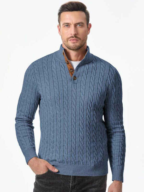 JMIERR Men's Cable Knit Pullover Sweater Casual Long Sleeve Stand Collar Button Knitted Sweaters - Image 23