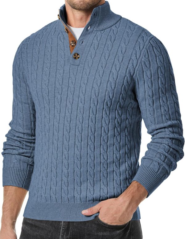 JMIERR Men's Cable Knit Pullover Sweater Casual Long Sleeve Stand Collar Button Knitted Sweaters - Image 24