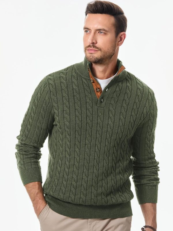 JMIERR Men's Cable Knit Pullover Sweater Casual Long Sleeve Stand Collar Button Knitted Sweaters - Image 28