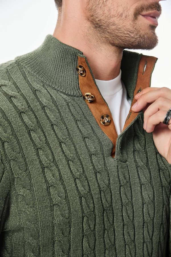 JMIERR Men's Cable Knit Pullover Sweater Casual Long Sleeve Stand Collar Button Knitted Sweaters - Image 29