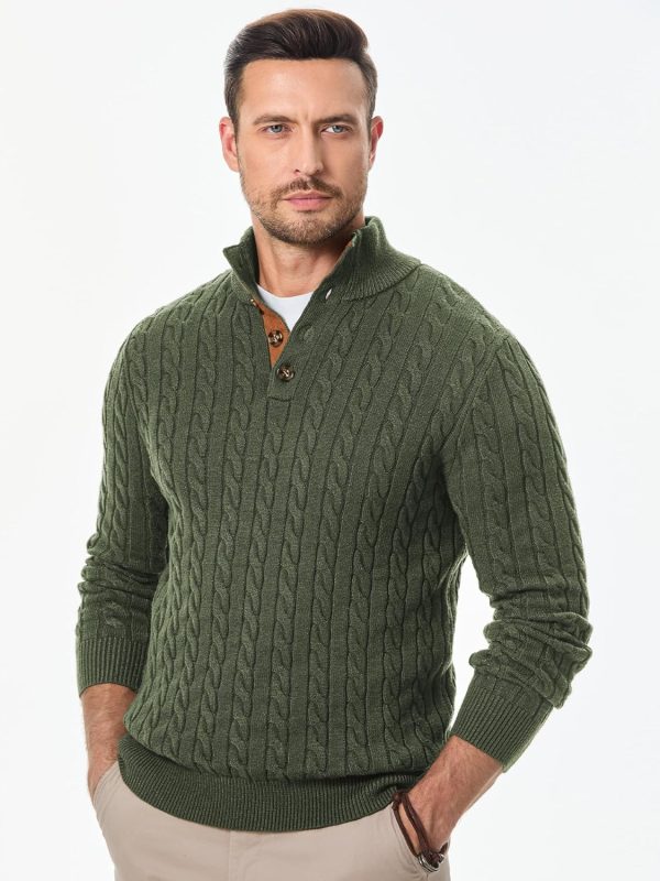 JMIERR Men's Cable Knit Pullover Sweater Casual Long Sleeve Stand Collar Button Knitted Sweaters - Image 30
