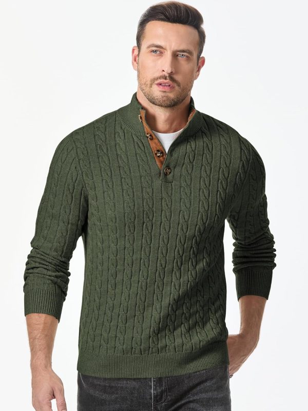 JMIERR Men's Cable Knit Pullover Sweater Casual Long Sleeve Stand Collar Button Knitted Sweaters - Image 31
