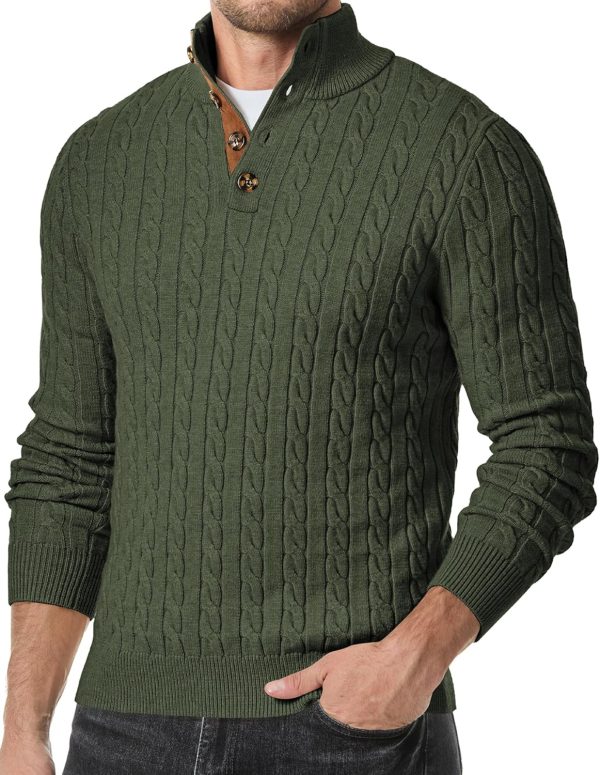 JMIERR Men's Cable Knit Pullover Sweater Casual Long Sleeve Stand Collar Button Knitted Sweaters - Image 32