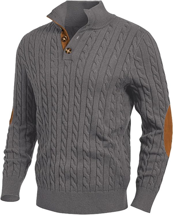 JMIERR Men's Cable Knit Pullover Sweater Casual Long Sleeve Stand Collar Button Knitted Sweaters - Image 33
